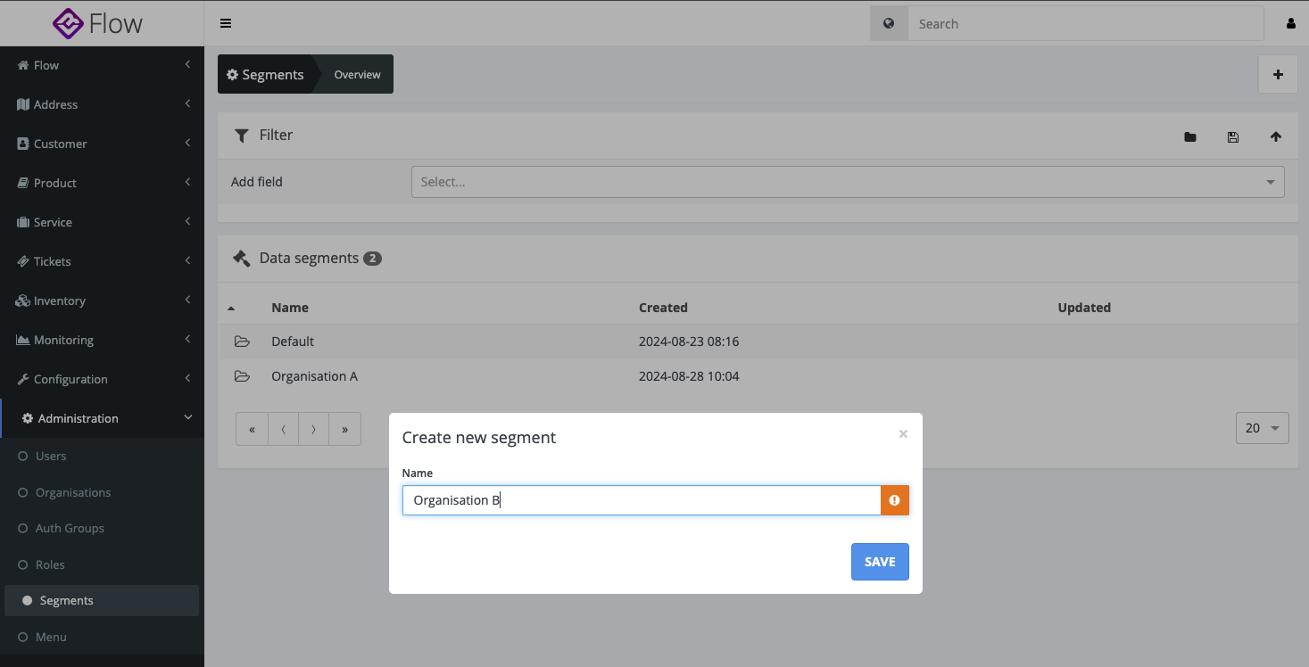 Create a segment modal